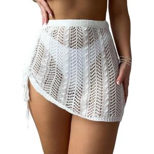 imageSHENHE Womens Summer Beach Drawstring Side Hollow Out Knit Cover Up SkirtWhite