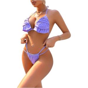 imageSHENHE Womens Triangle Bikini Sets Halter String Thong Tiered Ruffled Two Piece SwimsuitMauve Purple