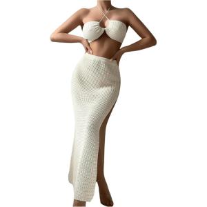 imageSHENHE Womens Two Piece Cover Up Set Cross Halter Neck Cover Up Top with High Split Long Beach SkirtApricot