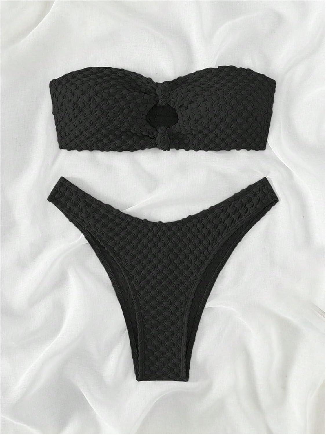 imageSHENHE Womens 2 Piece Strapless Cut Out Bandeau Swimsuit Bathing Suit Bikini SetsSimple Black