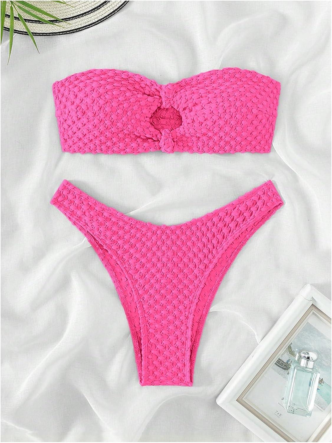imageSHENHE Womens 2 Piece Strapless Cut Out Bandeau Swimsuit Bathing Suit Bikini SetsTextured Hot Pink