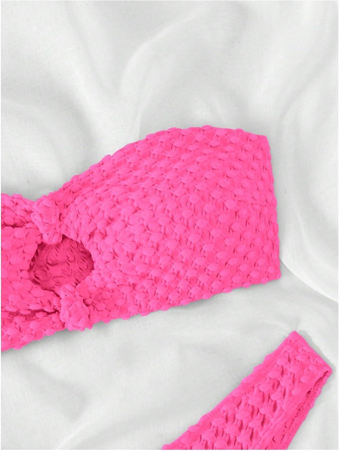 imageSHENHE Womens 2 Piece Strapless Cut Out Bandeau Swimsuit Bathing Suit Bikini SetsTextured Hot Pink