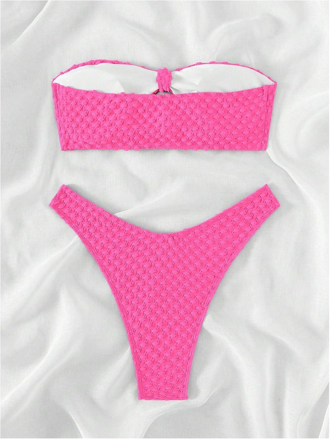 imageSHENHE Womens 2 Piece Strapless Cut Out Bandeau Swimsuit Bathing Suit Bikini SetsTextured Hot Pink