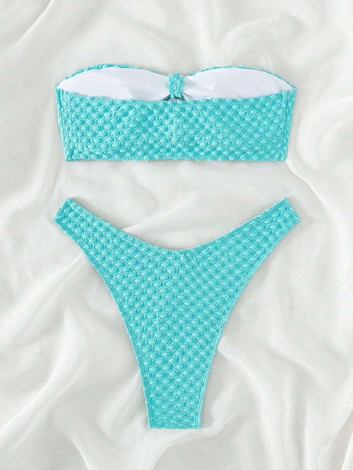 imageSHENHE Womens 2 Piece Strapless Cut Out Bandeau Swimsuit Bathing Suit Bikini SetsTextured Mint Blue