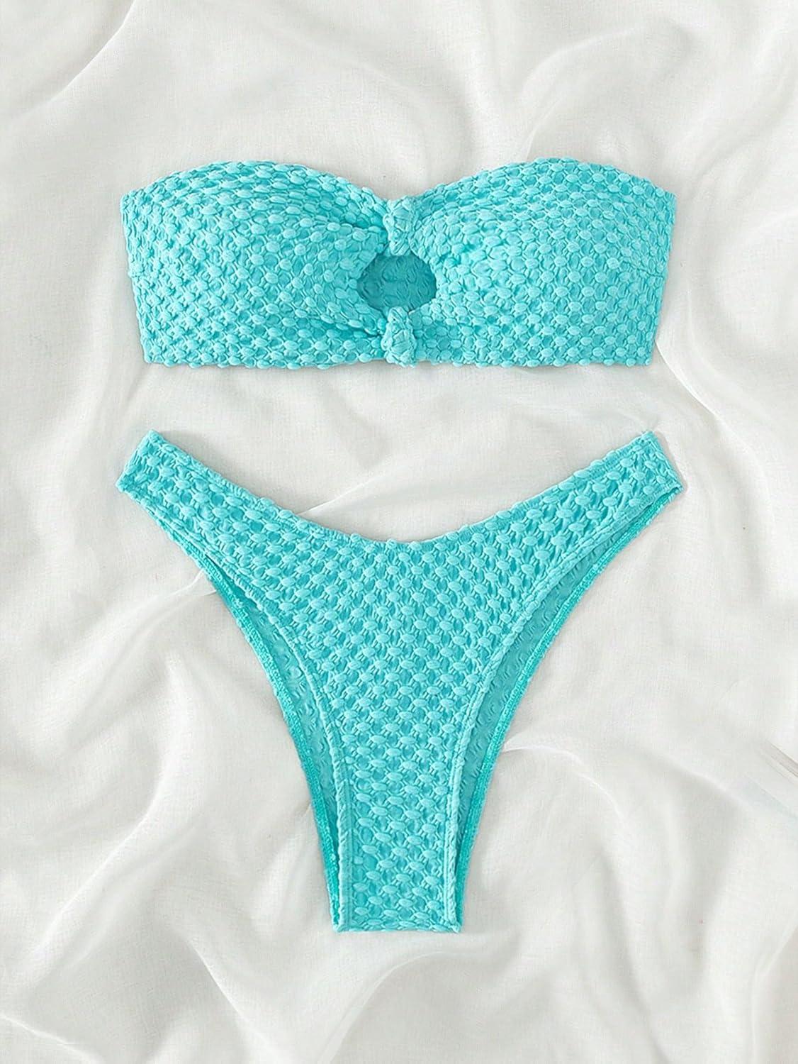 imageSHENHE Womens 2 Piece Strapless Cut Out Bandeau Swimsuit Bathing Suit Bikini SetsTextured Mint Blue