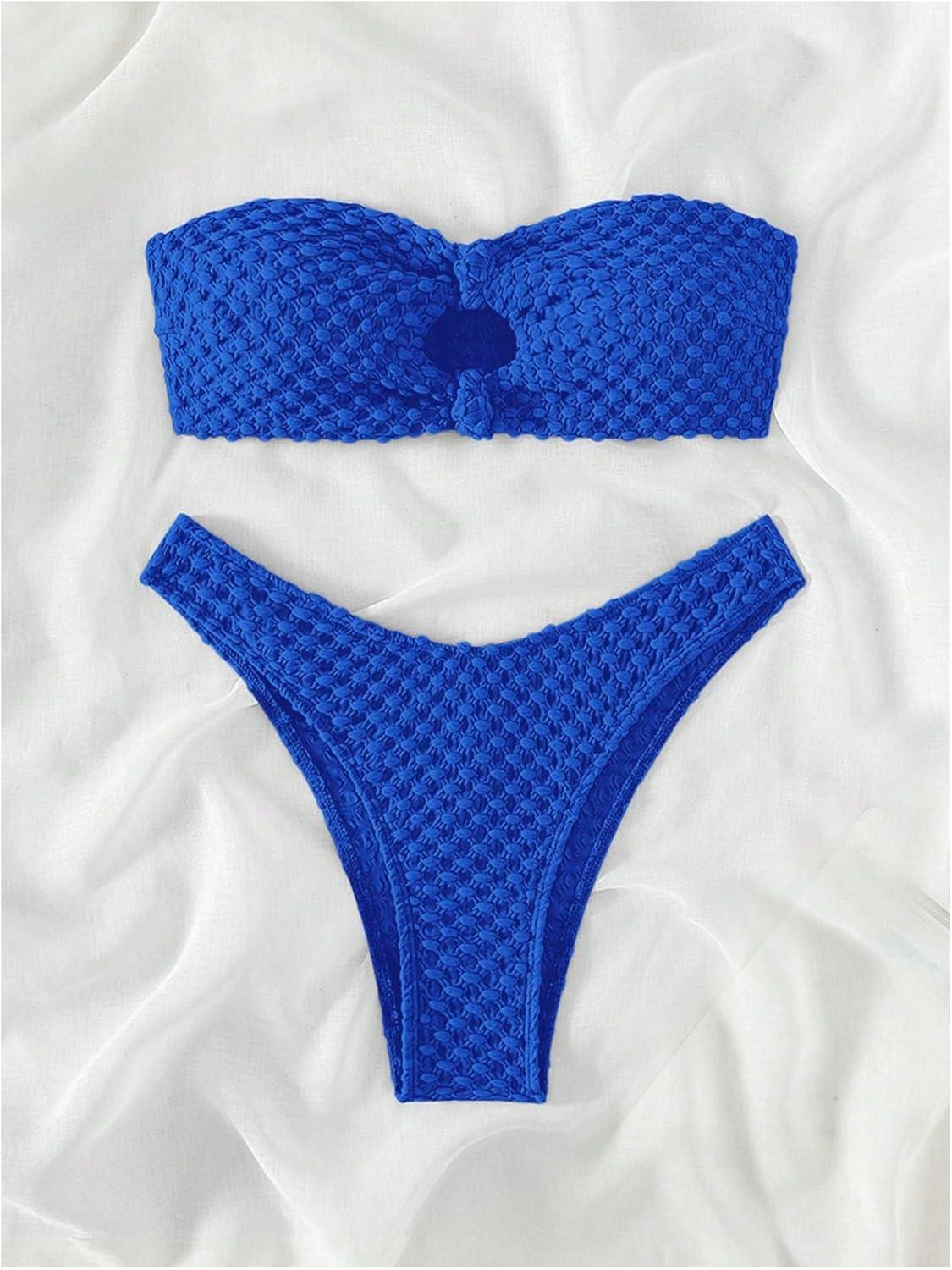 imageSHENHE Womens 2 Piece Strapless Cut Out Bandeau Swimsuit Bathing Suit Bikini SetsTextured Royal Blue