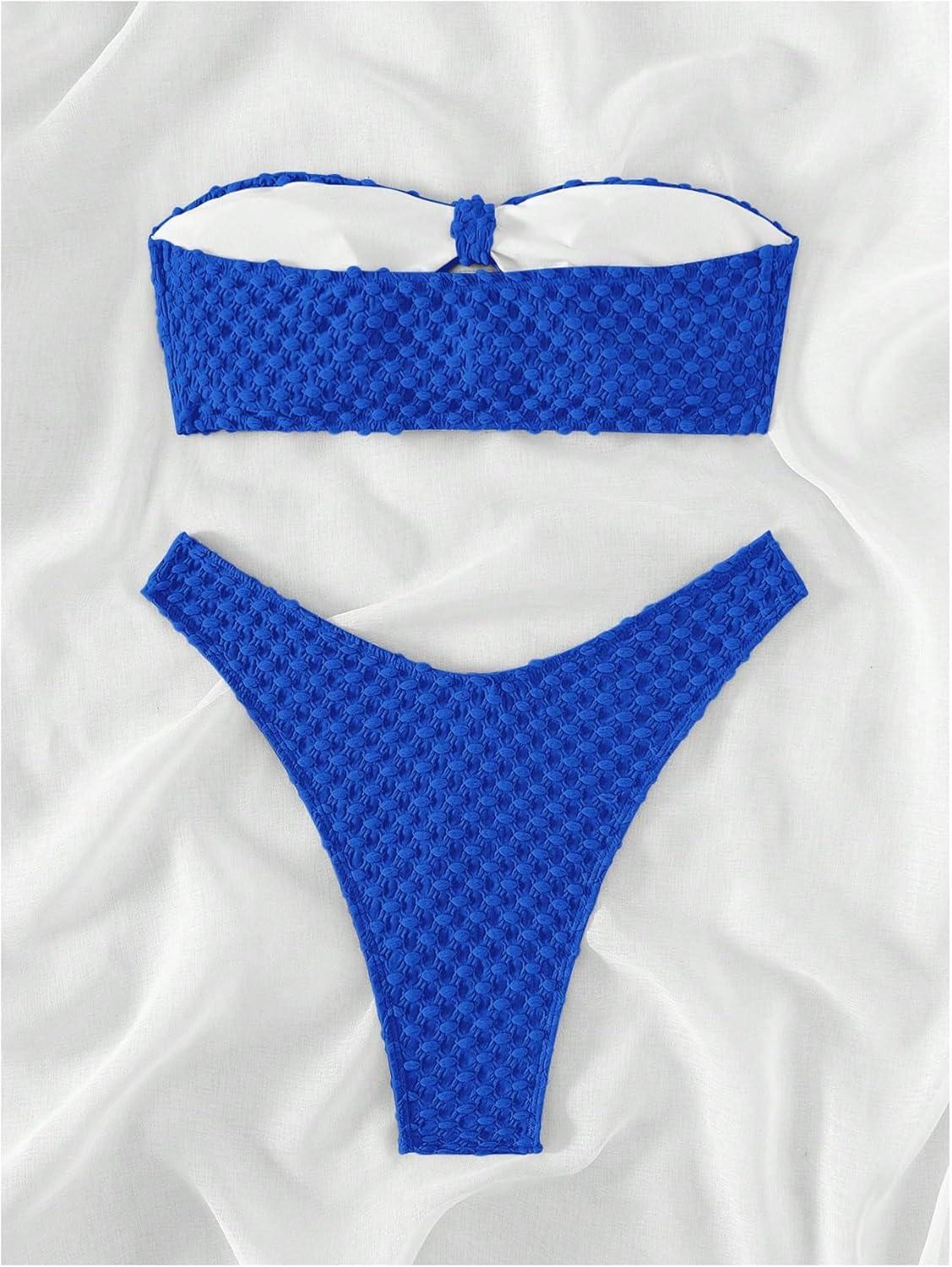 imageSHENHE Womens 2 Piece Strapless Cut Out Bandeau Swimsuit Bathing Suit Bikini SetsTextured Royal Blue