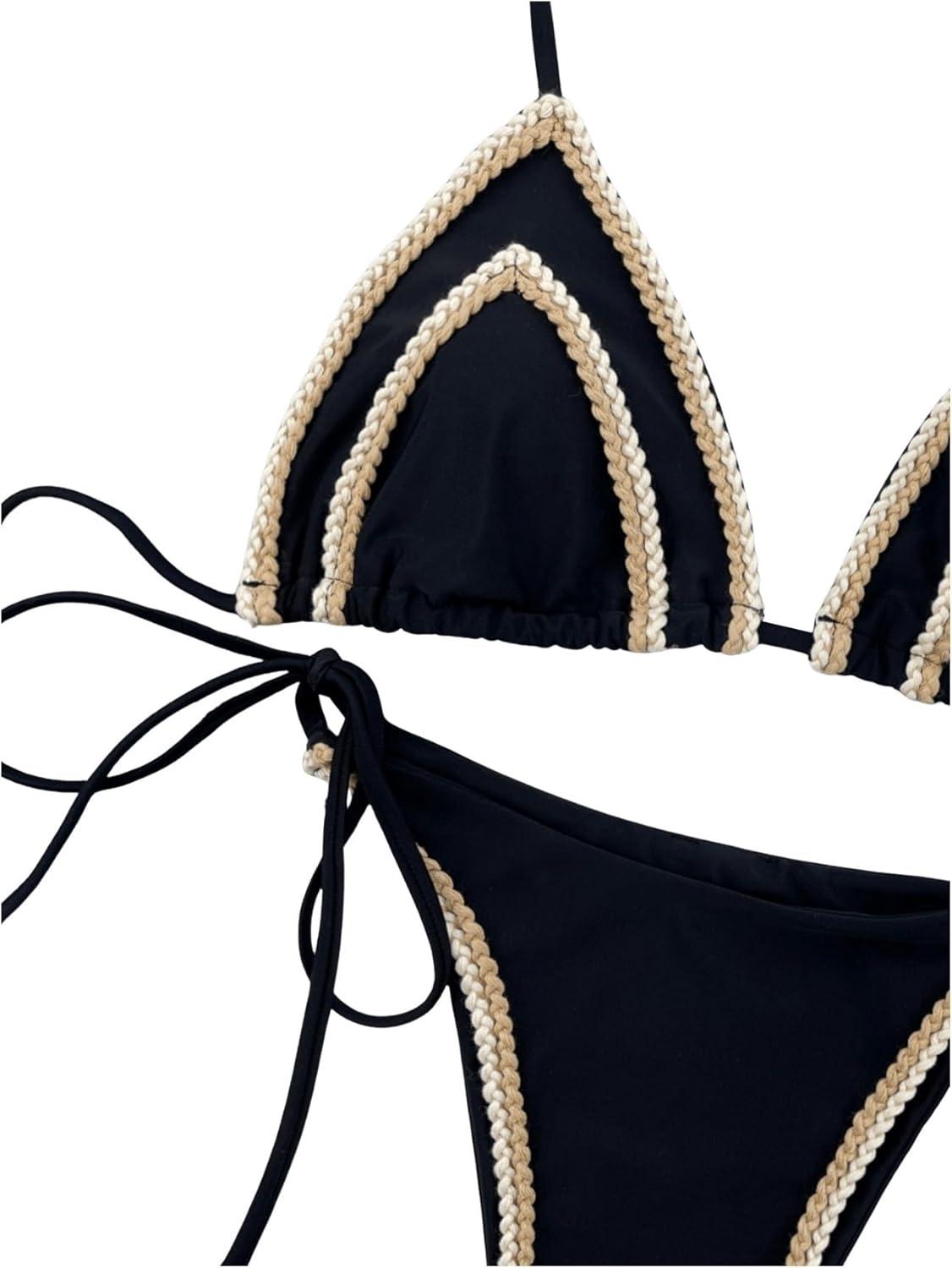 imageSHENHE Womens 2 Piece Triangle Tie Side Bikini Sets Summer Beach Halter Swimsuit Bathing SuitBlack