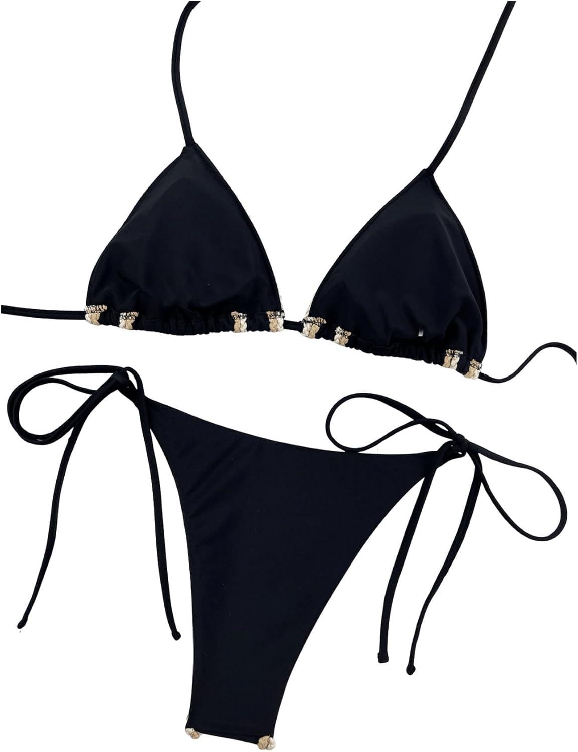 imageSHENHE Womens 2 Piece Triangle Tie Side Bikini Sets Summer Beach Halter Swimsuit Bathing SuitBlack