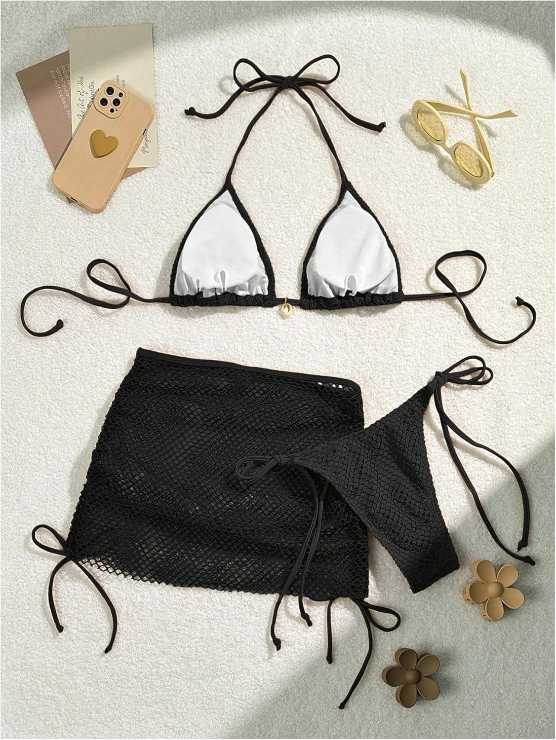 imageSHENHE Womens 3 Piece Bikini Set Shell Decor Halter Bra and Bottom with Cover Up SkirtBlack