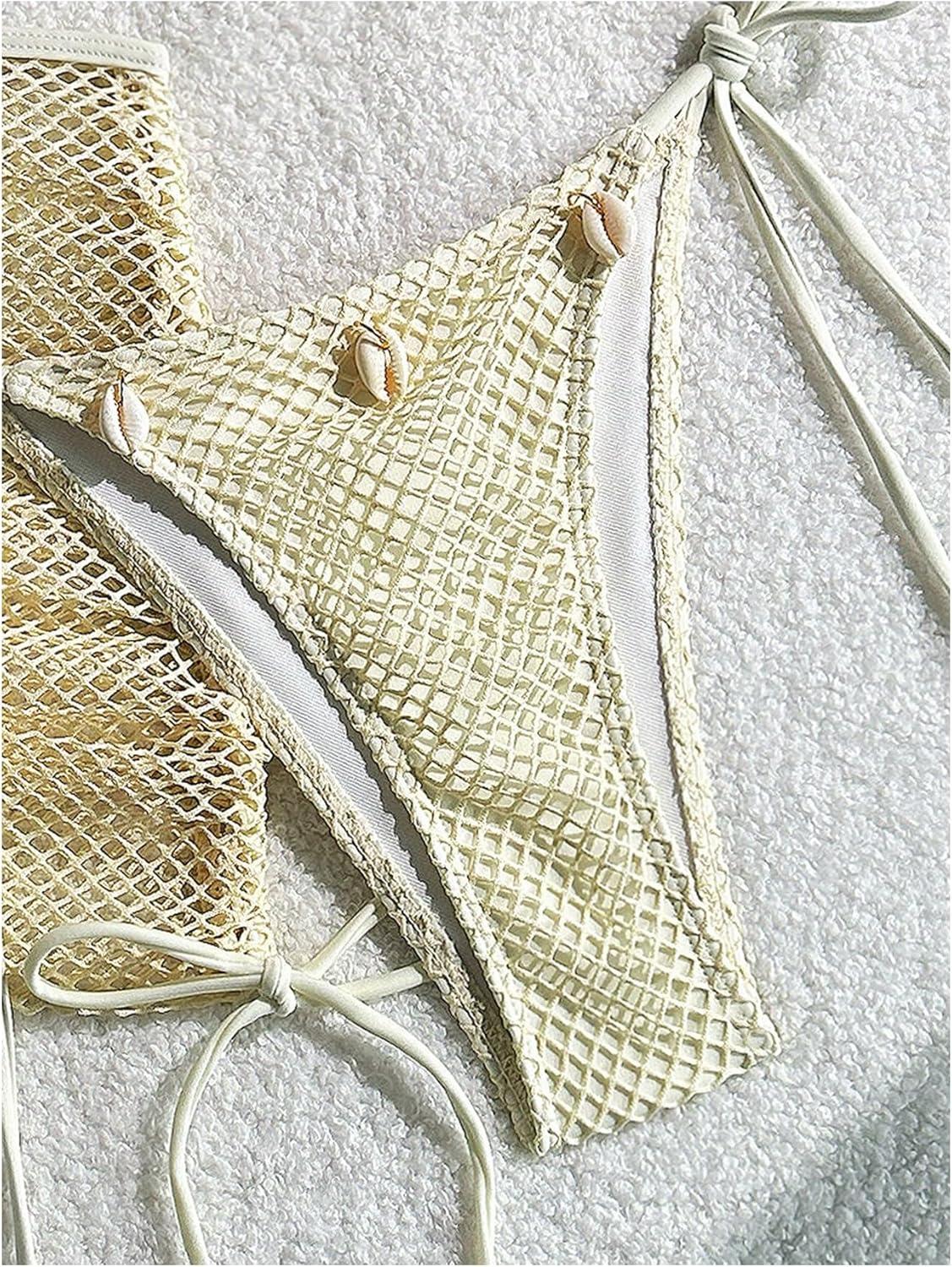 imageSHENHE Womens 3 Piece Bikini Set Shell Decor Halter Bra and Bottom with Cover Up SkirtFishnet Apricot
