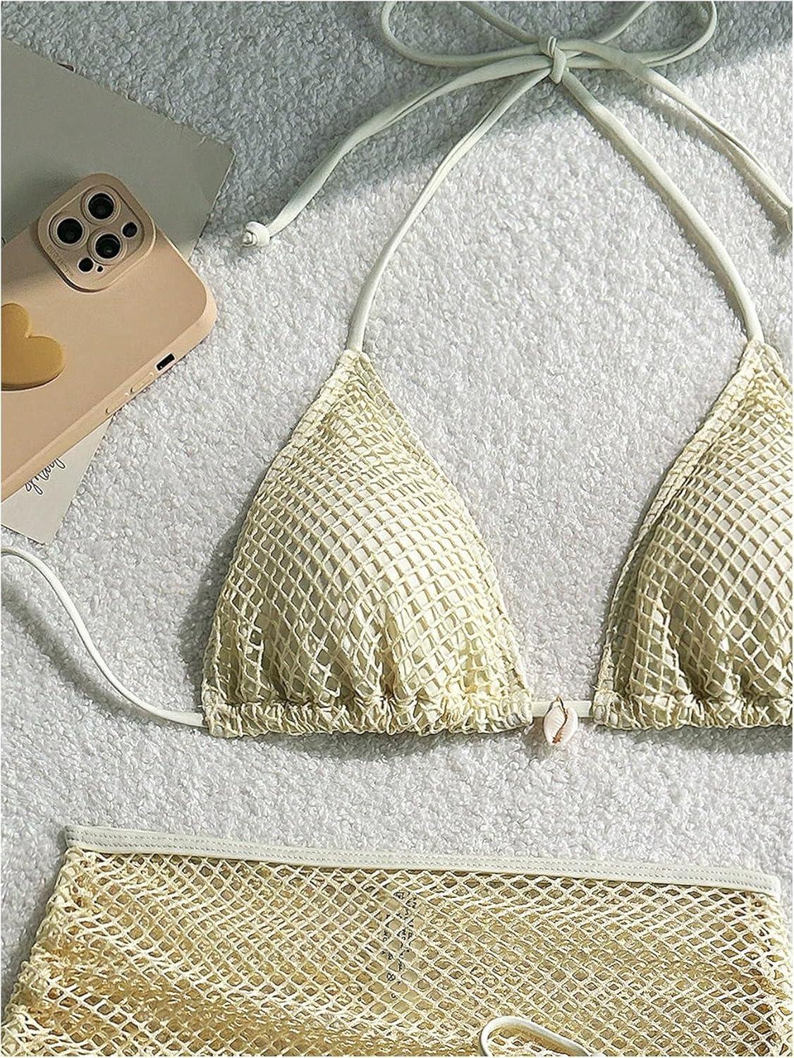 imageSHENHE Womens 3 Piece Bikini Set Shell Decor Halter Bra and Bottom with Cover Up SkirtFishnet Apricot