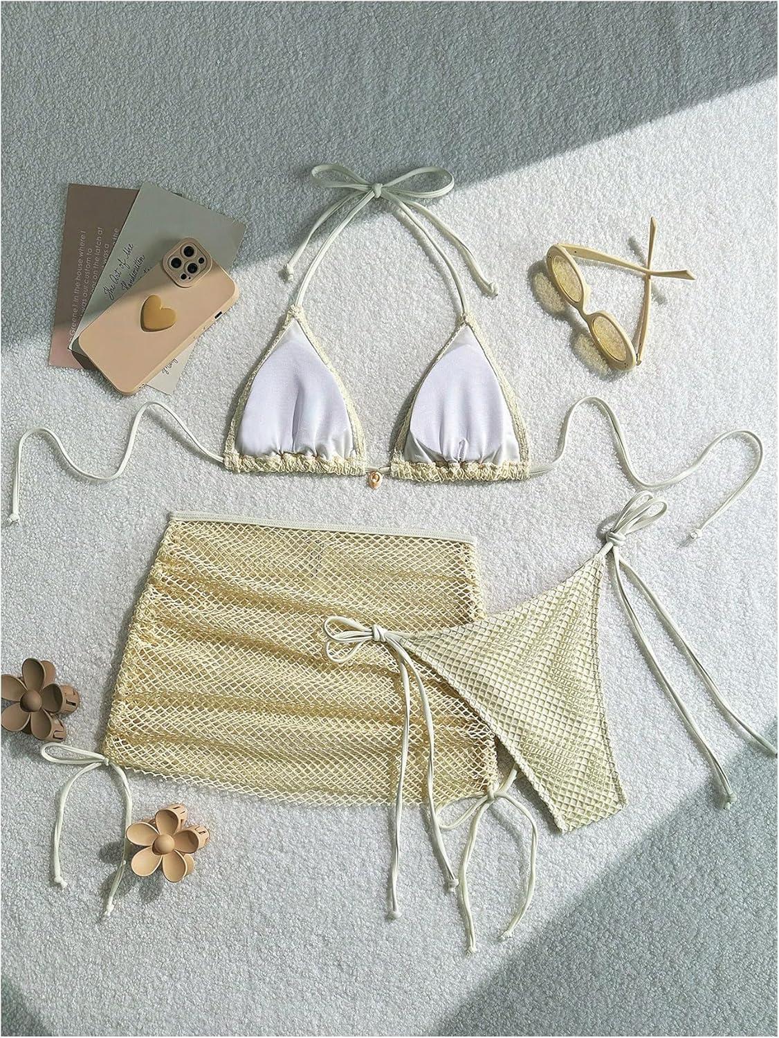 imageSHENHE Womens 3 Piece Bikini Set Shell Decor Halter Bra and Bottom with Cover Up SkirtFishnet Apricot