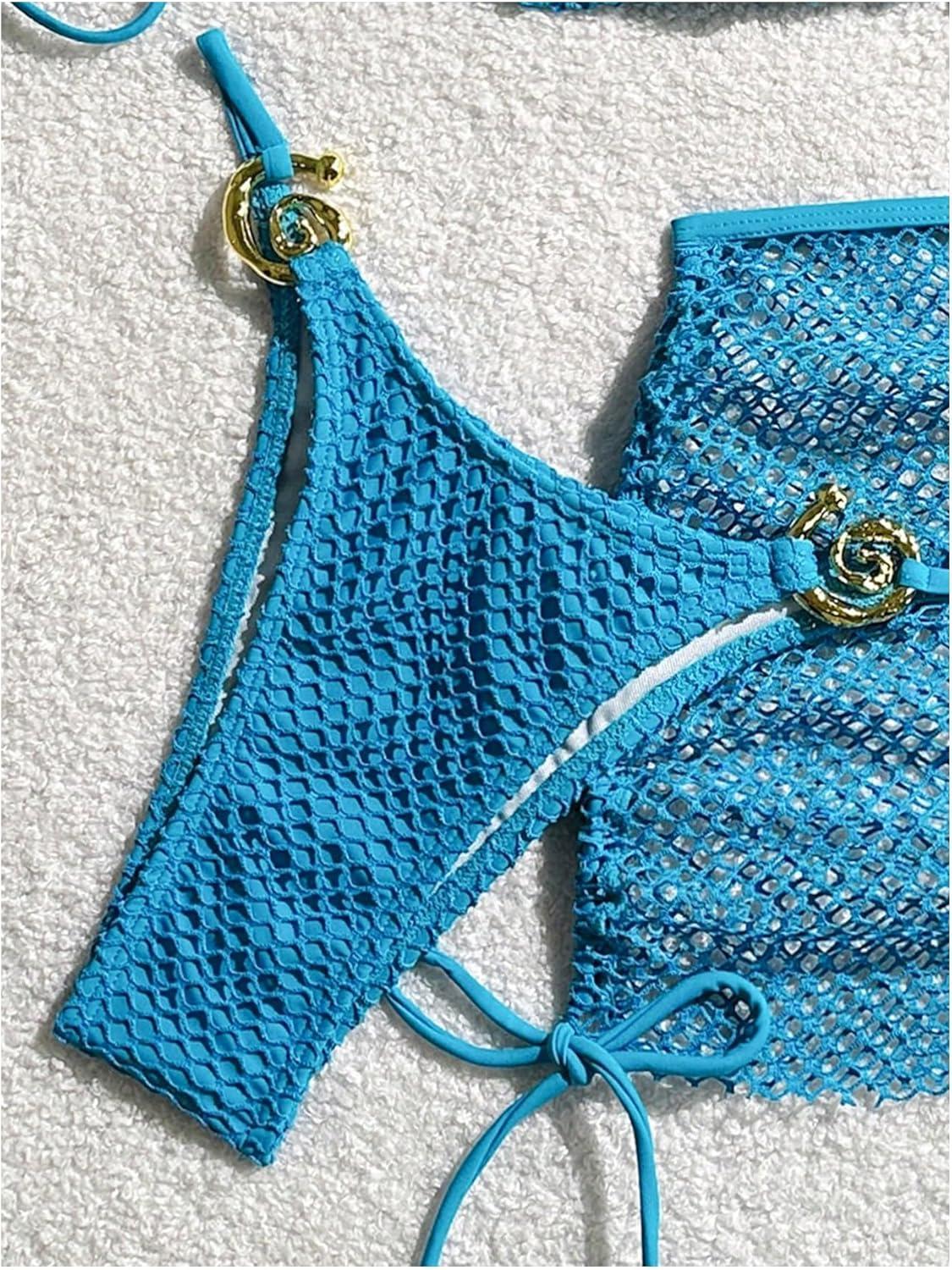 imageSHENHE Womens 3 Piece Bikini Set Shell Decor Halter Bra and Bottom with Cover Up SkirtFishnet Blue