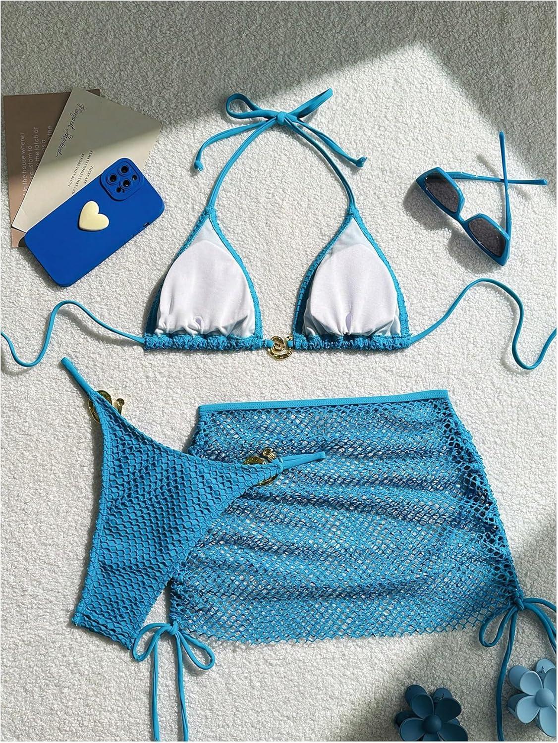 imageSHENHE Womens 3 Piece Bikini Set Shell Decor Halter Bra and Bottom with Cover Up SkirtFishnet Blue