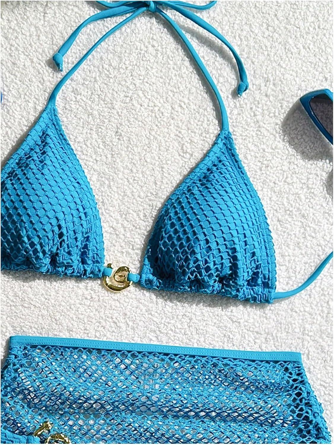 imageSHENHE Womens 3 Piece Bikini Set Shell Decor Halter Bra and Bottom with Cover Up SkirtFishnet Blue