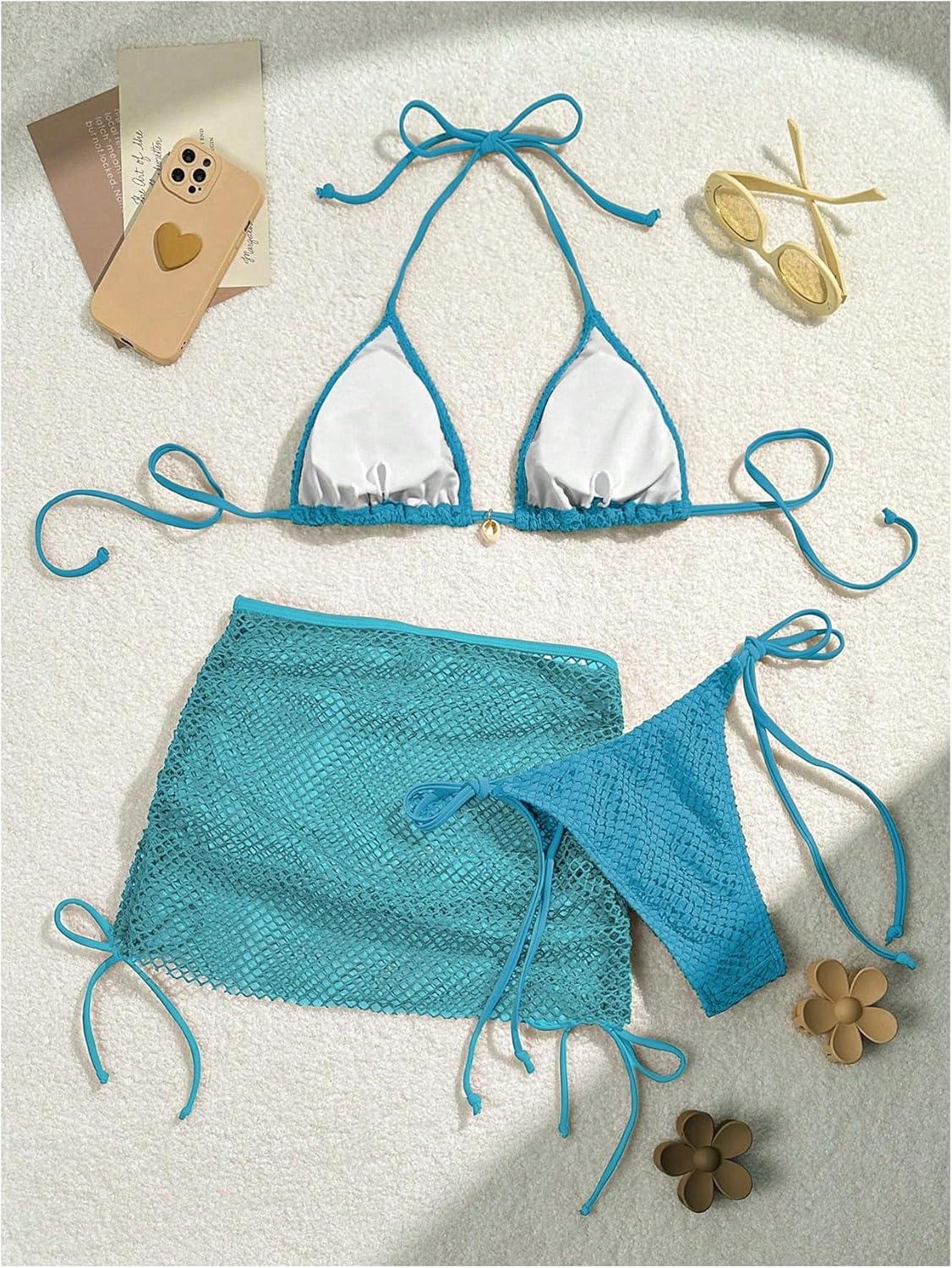 imageSHENHE Womens 3 Piece Bikini Set Shell Decor Halter Bra and Bottom with Cover Up SkirtFishnet Blue a