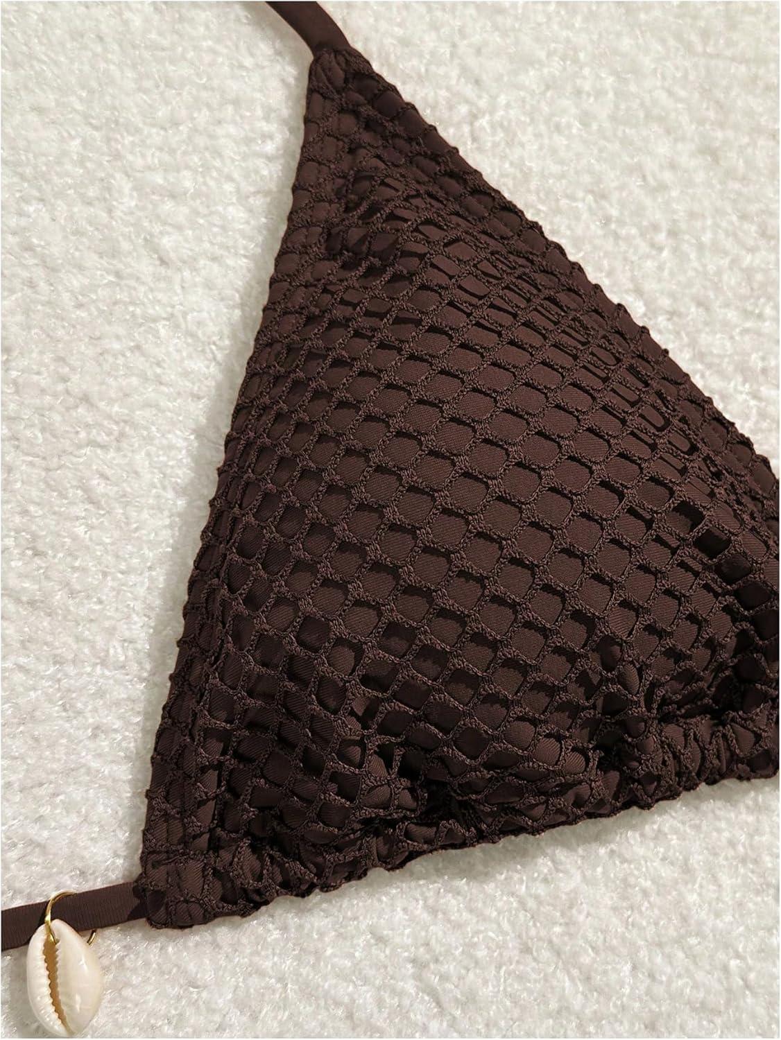 imageSHENHE Womens 3 Piece Bikini Set Shell Decor Halter Bra and Bottom with Cover Up SkirtFishnet Brown