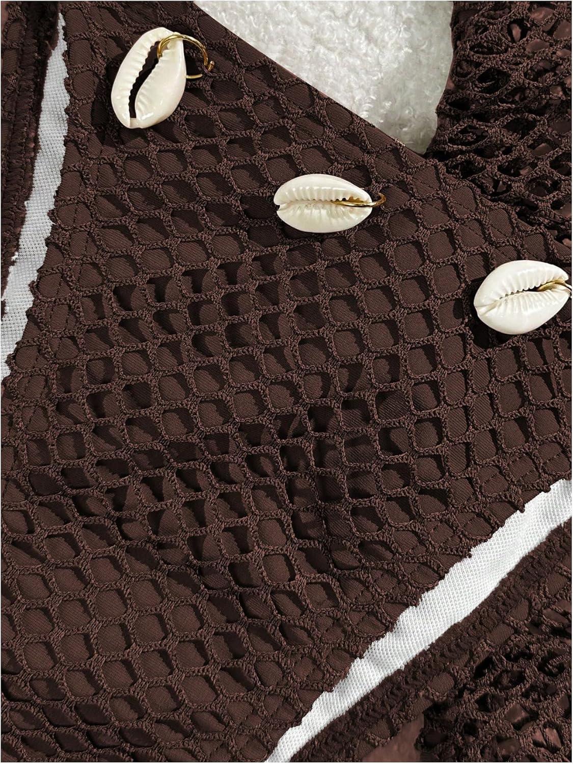 imageSHENHE Womens 3 Piece Bikini Set Shell Decor Halter Bra and Bottom with Cover Up SkirtFishnet Brown