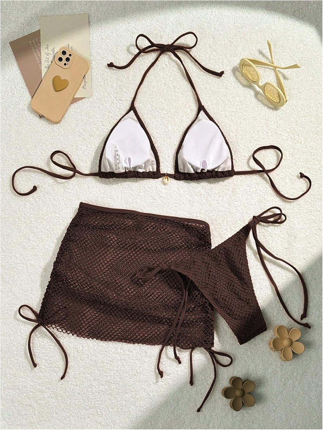 imageSHENHE Womens 3 Piece Bikini Set Shell Decor Halter Bra and Bottom with Cover Up SkirtFishnet Brown