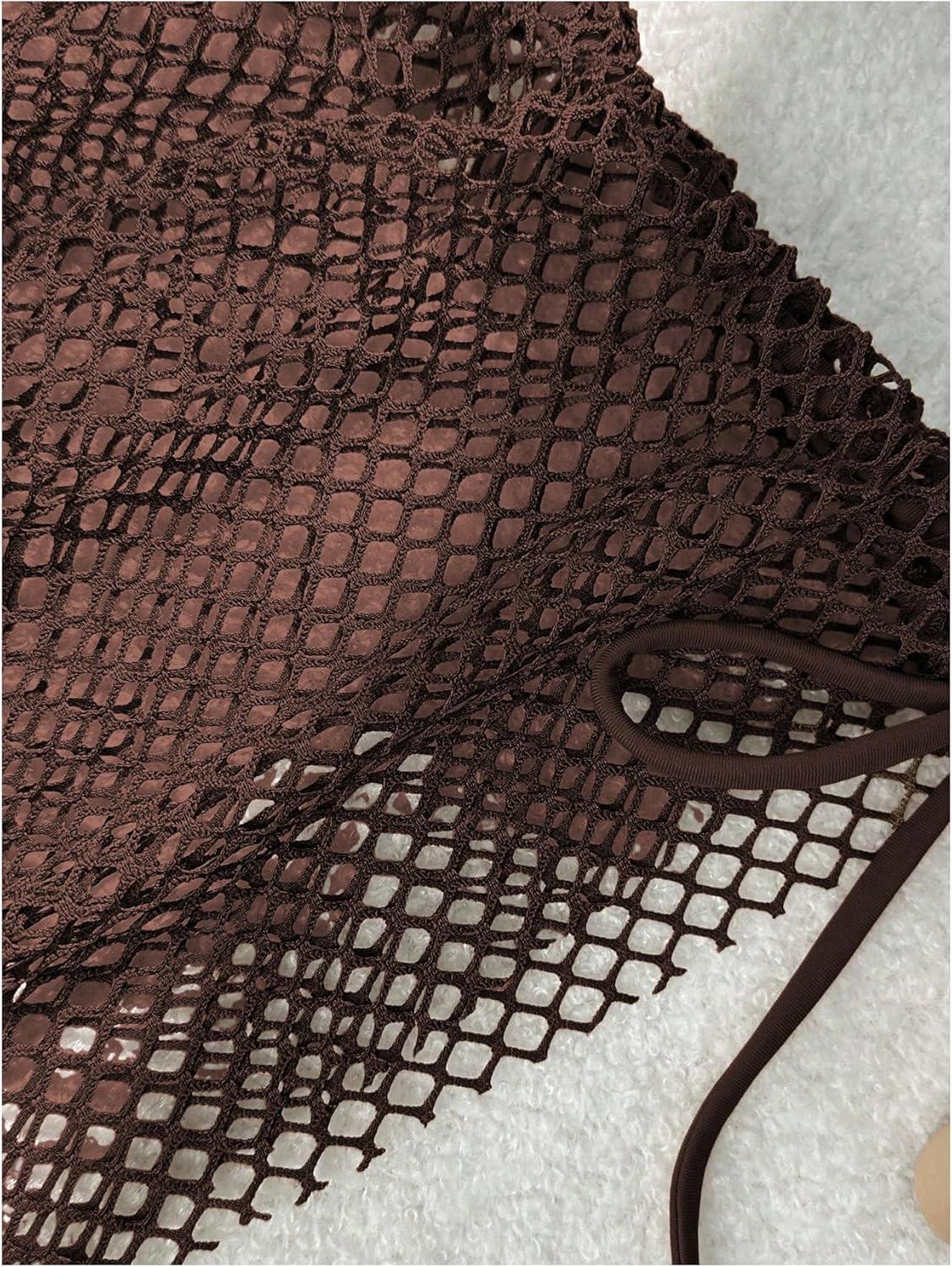 imageSHENHE Womens 3 Piece Bikini Set Shell Decor Halter Bra and Bottom with Cover Up SkirtFishnet Brown