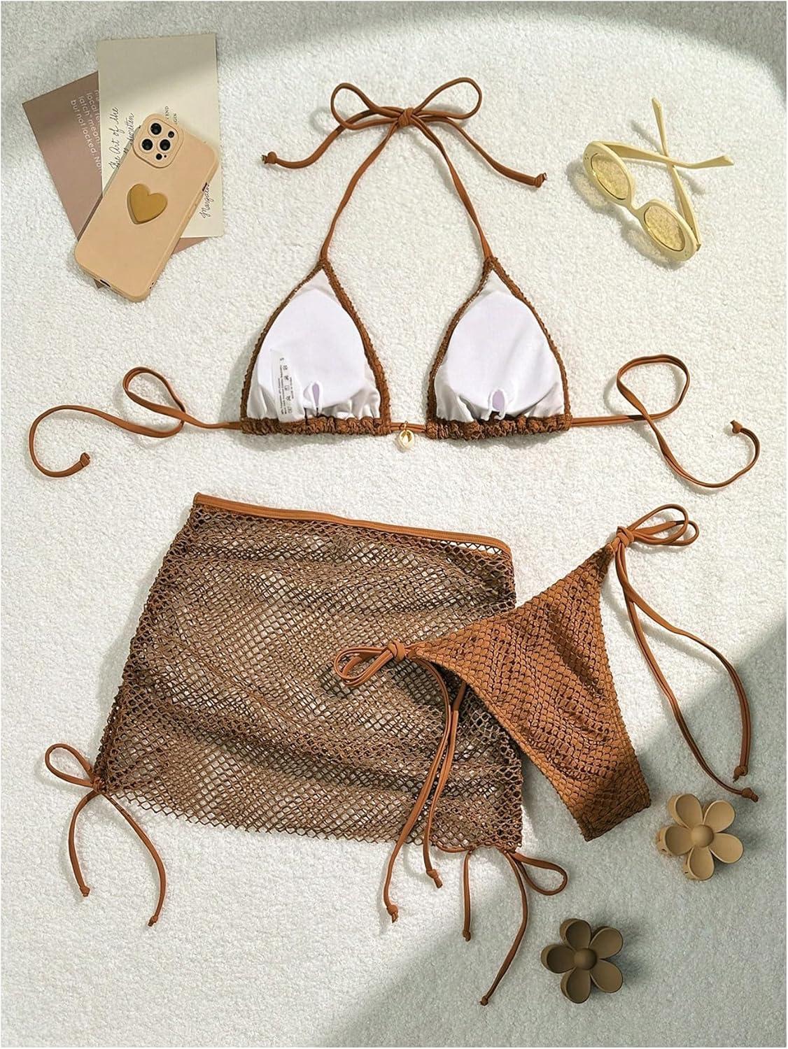 imageSHENHE Womens 3 Piece Bikini Set Shell Decor Halter Bra and Bottom with Cover Up SkirtFishnet Coffee Brown