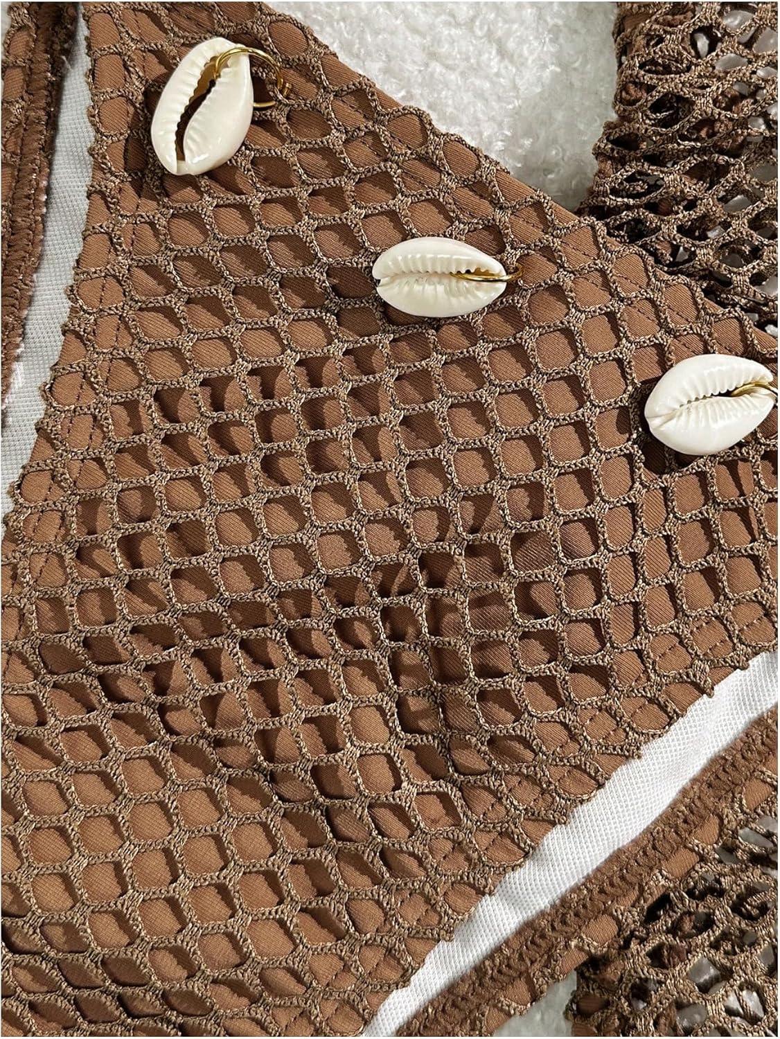 imageSHENHE Womens 3 Piece Bikini Set Shell Decor Halter Bra and Bottom with Cover Up SkirtFishnet Coffee Brown