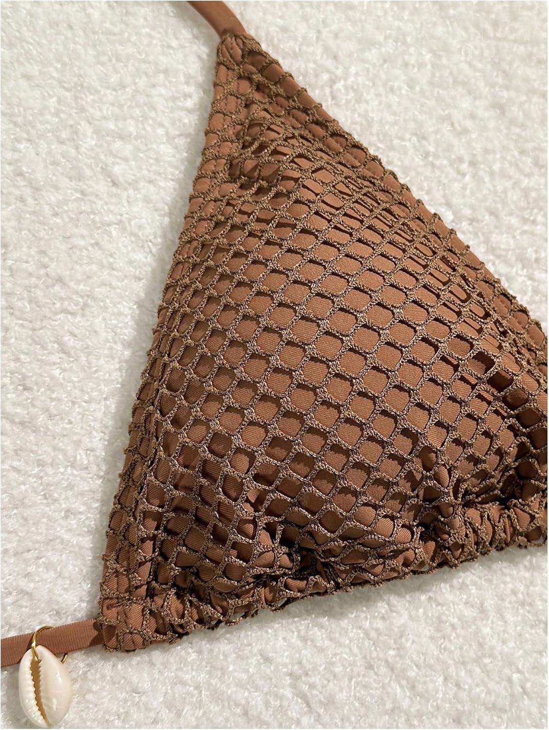 imageSHENHE Womens 3 Piece Bikini Set Shell Decor Halter Bra and Bottom with Cover Up SkirtFishnet Coffee Brown