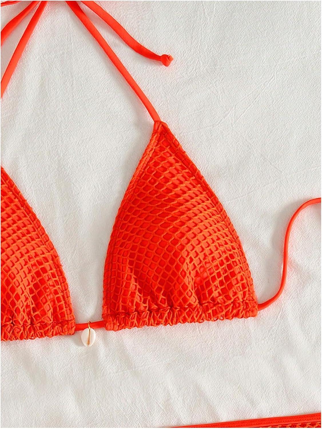 imageSHENHE Womens 3 Piece Bikini Set Shell Decor Halter Bra and Bottom with Cover Up SkirtFishnet Orange