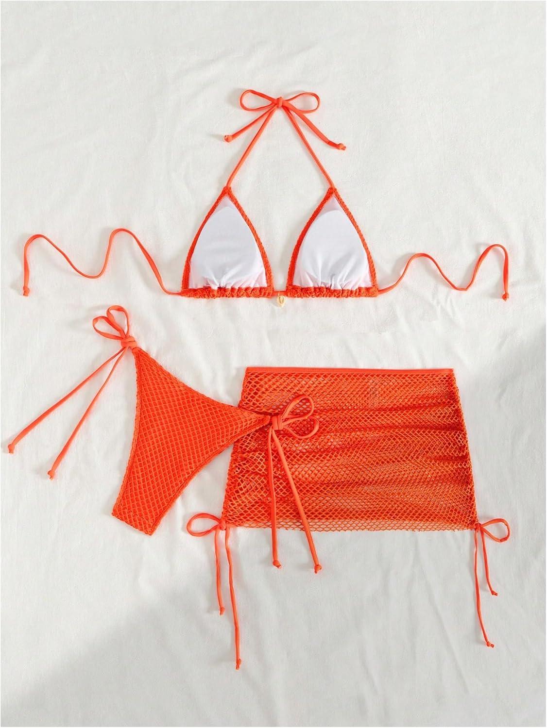 imageSHENHE Womens 3 Piece Bikini Set Shell Decor Halter Bra and Bottom with Cover Up SkirtFishnet Orange