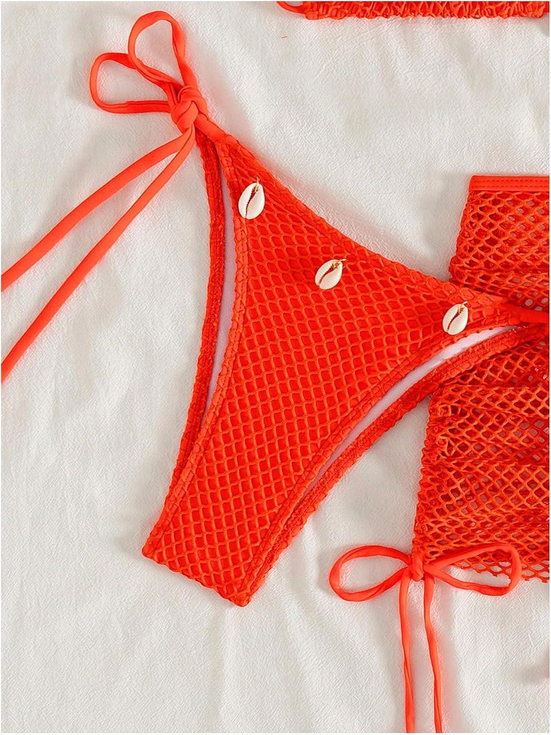 imageSHENHE Womens 3 Piece Bikini Set Shell Decor Halter Bra and Bottom with Cover Up SkirtFishnet Orange