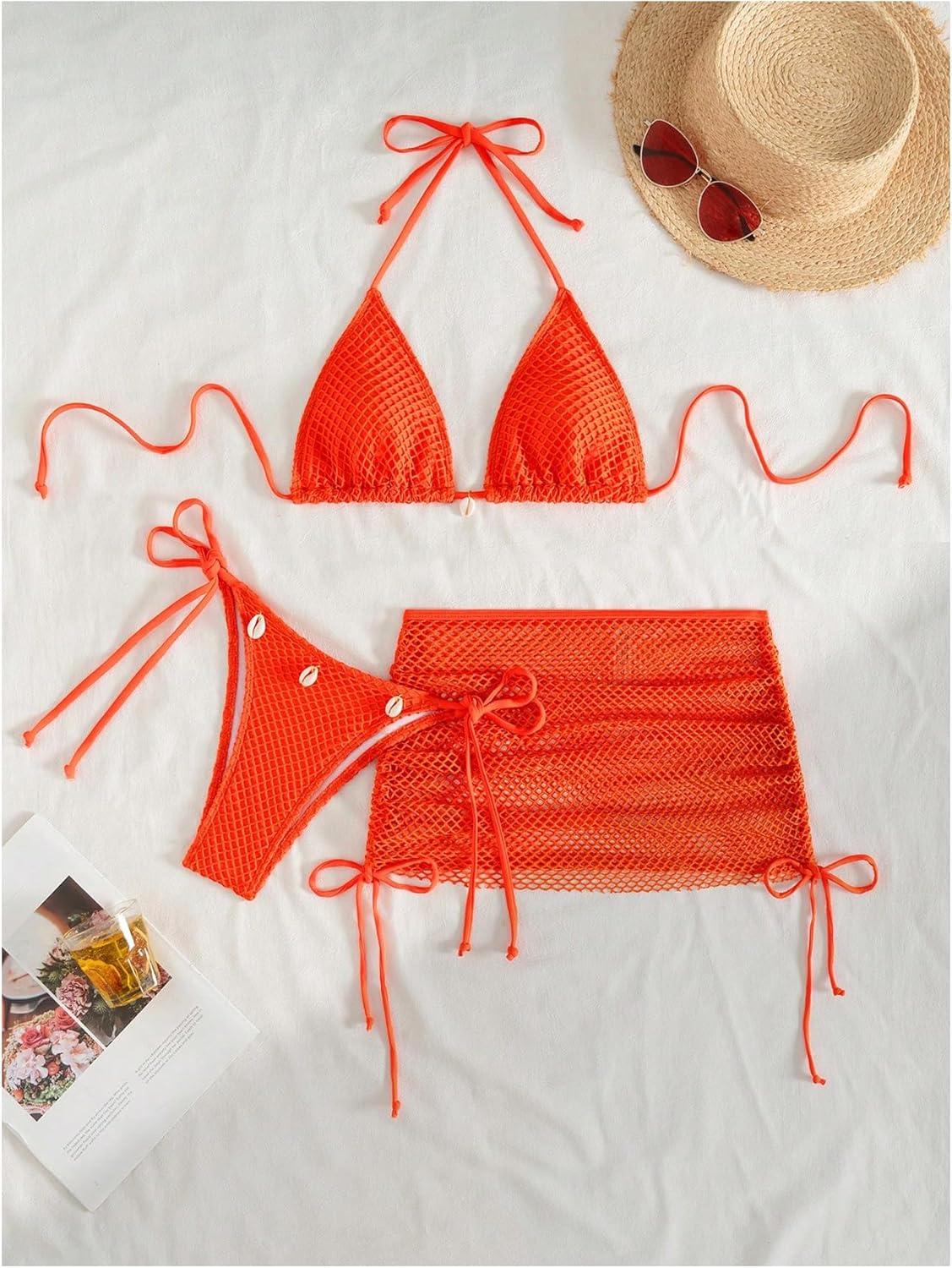 imageSHENHE Womens 3 Piece Bikini Set Shell Decor Halter Bra and Bottom with Cover Up SkirtFishnet Orange