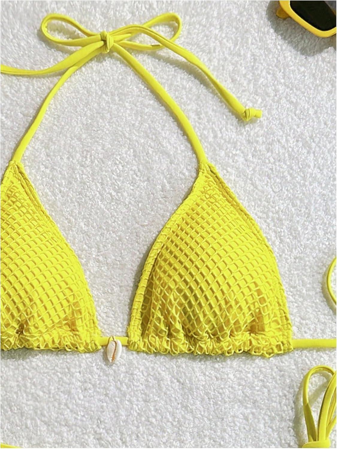 imageSHENHE Womens 3 Piece Bikini Set Shell Decor Halter Bra and Bottom with Cover Up SkirtFishnet Yellow