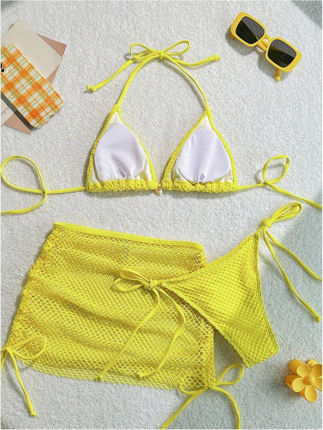 imageSHENHE Womens 3 Piece Bikini Set Shell Decor Halter Bra and Bottom with Cover Up SkirtFishnet Yellow