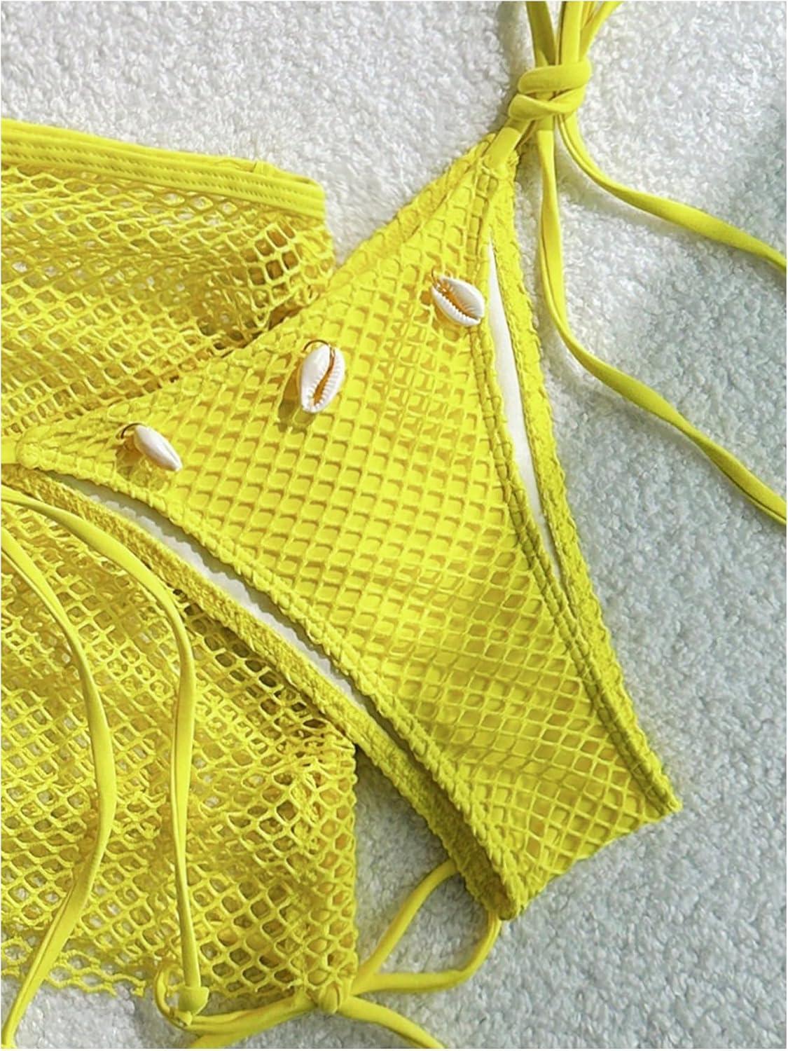 imageSHENHE Womens 3 Piece Bikini Set Shell Decor Halter Bra and Bottom with Cover Up SkirtFishnet Yellow