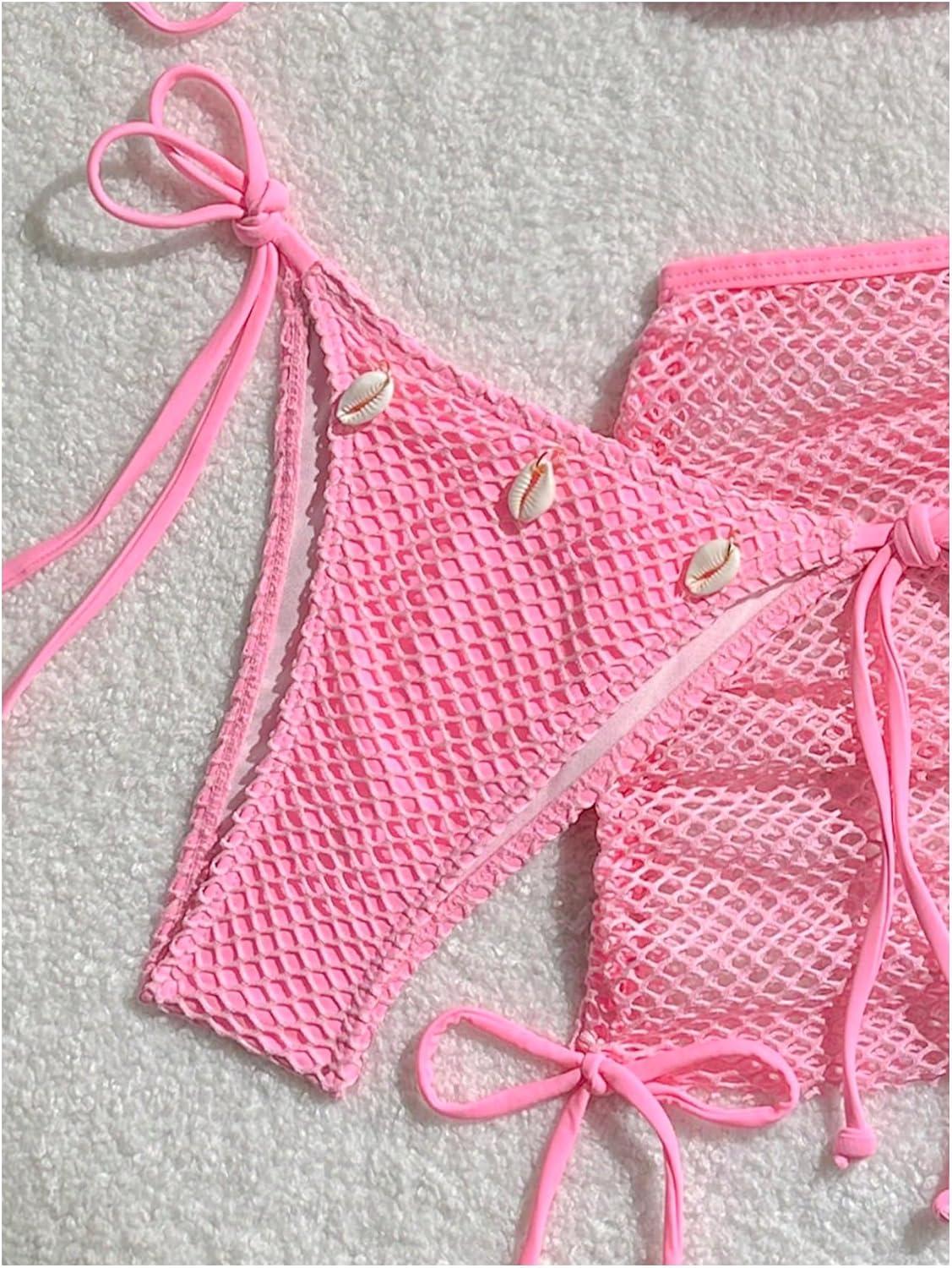 imageSHENHE Womens 3 Piece Bikini Set Shell Decor Halter Bra and Bottom with Cover Up SkirtLight Pink