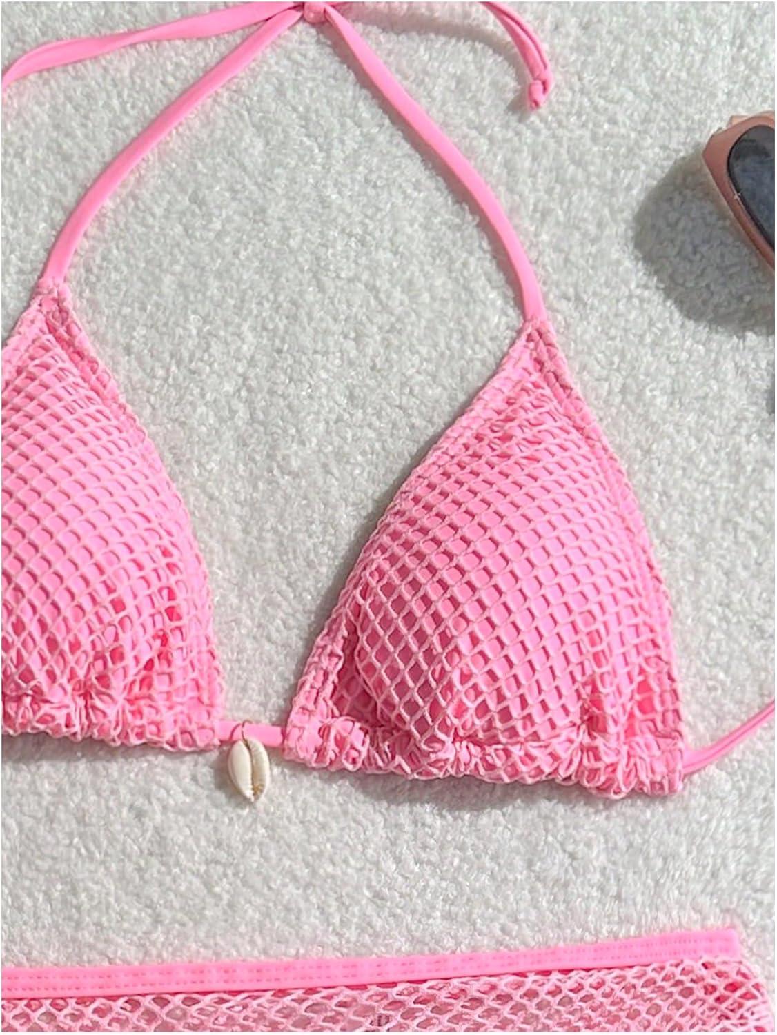 imageSHENHE Womens 3 Piece Bikini Set Shell Decor Halter Bra and Bottom with Cover Up SkirtLight Pink