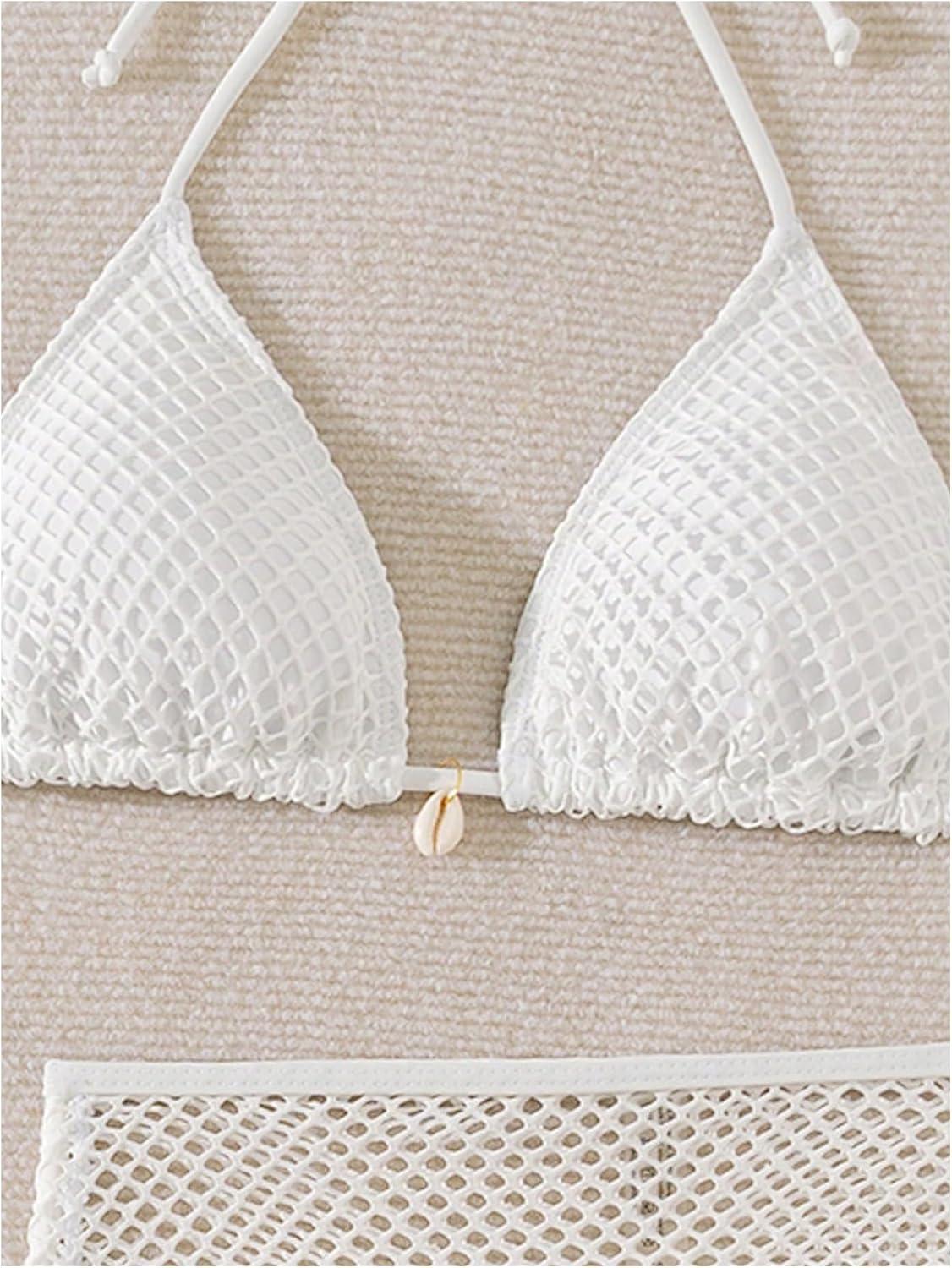 imageSHENHE Womens 3 Piece Bikini Set Shell Decor Halter Bra and Bottom with Cover Up SkirtWhite