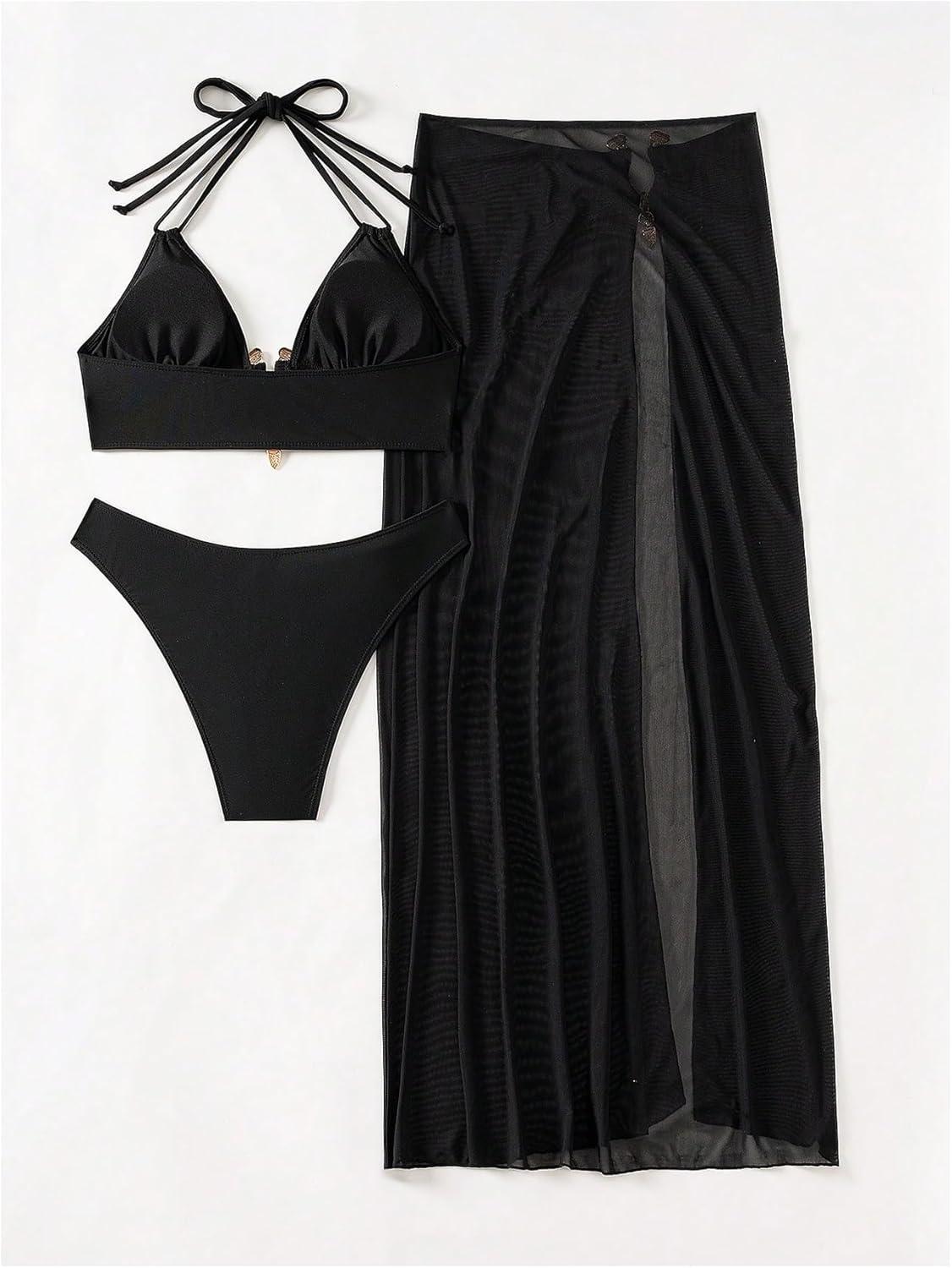 imageSHENHE Womens 3 Piece Halter Swimsuit Metal Ring Cheeky Bikini Set with Long Cover Up SkirtBlack