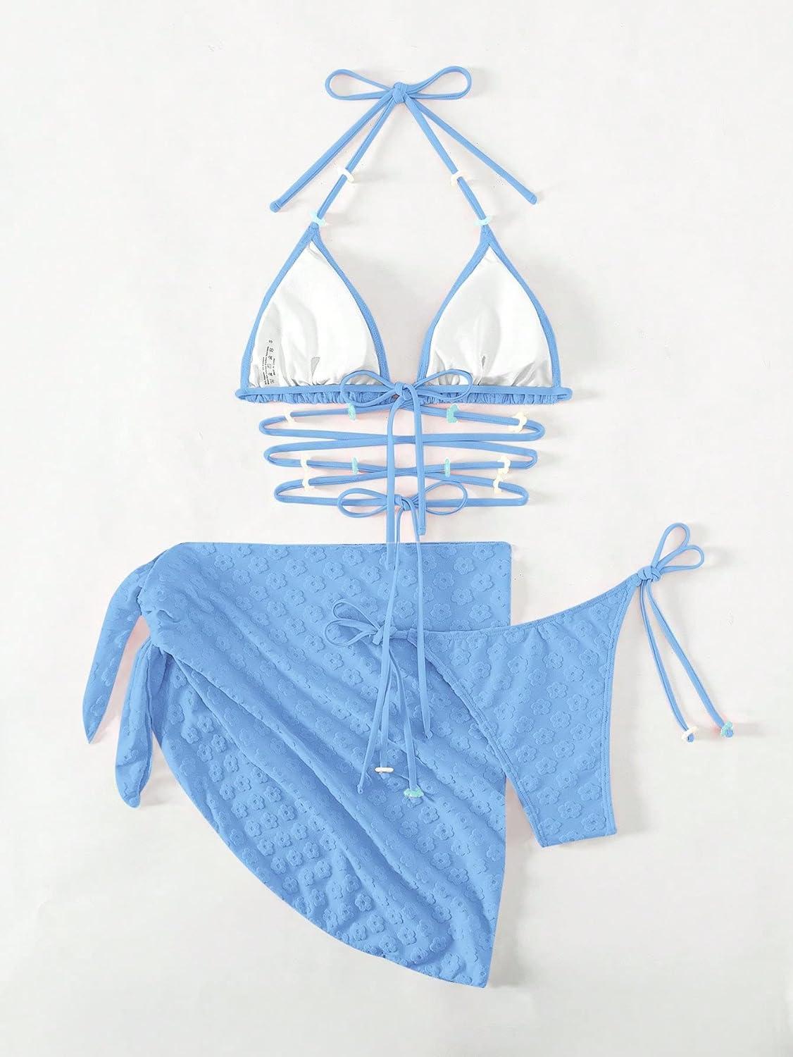 imageSHENHE Womens 3 Piece Swimsuit Halter Tie Side Cute Triangle Bikini Set with Beach SkirtBlue Solid