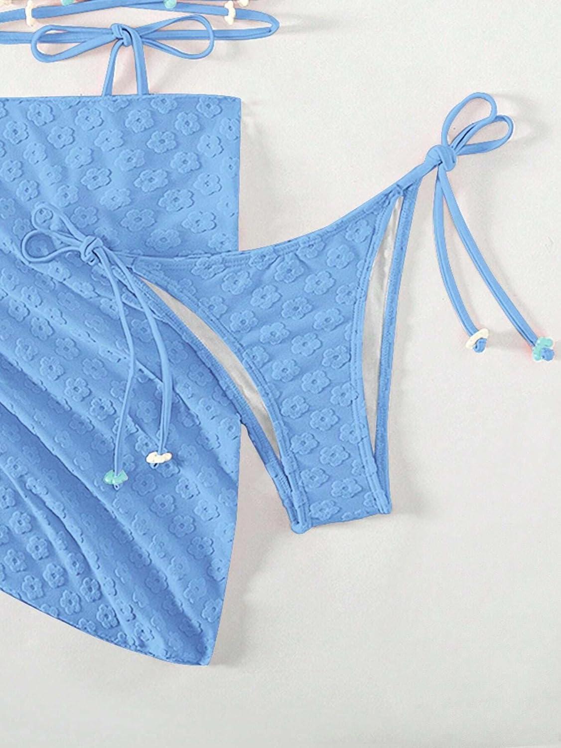 imageSHENHE Womens 3 Piece Swimsuit Halter Tie Side Cute Triangle Bikini Set with Beach SkirtBlue Solid