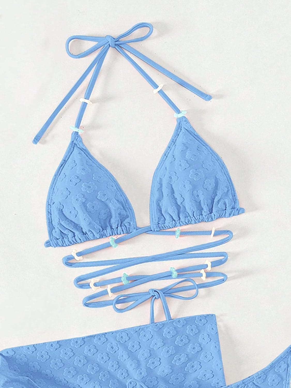 imageSHENHE Womens 3 Piece Swimsuit Halter Tie Side Cute Triangle Bikini Set with Beach SkirtBlue Solid