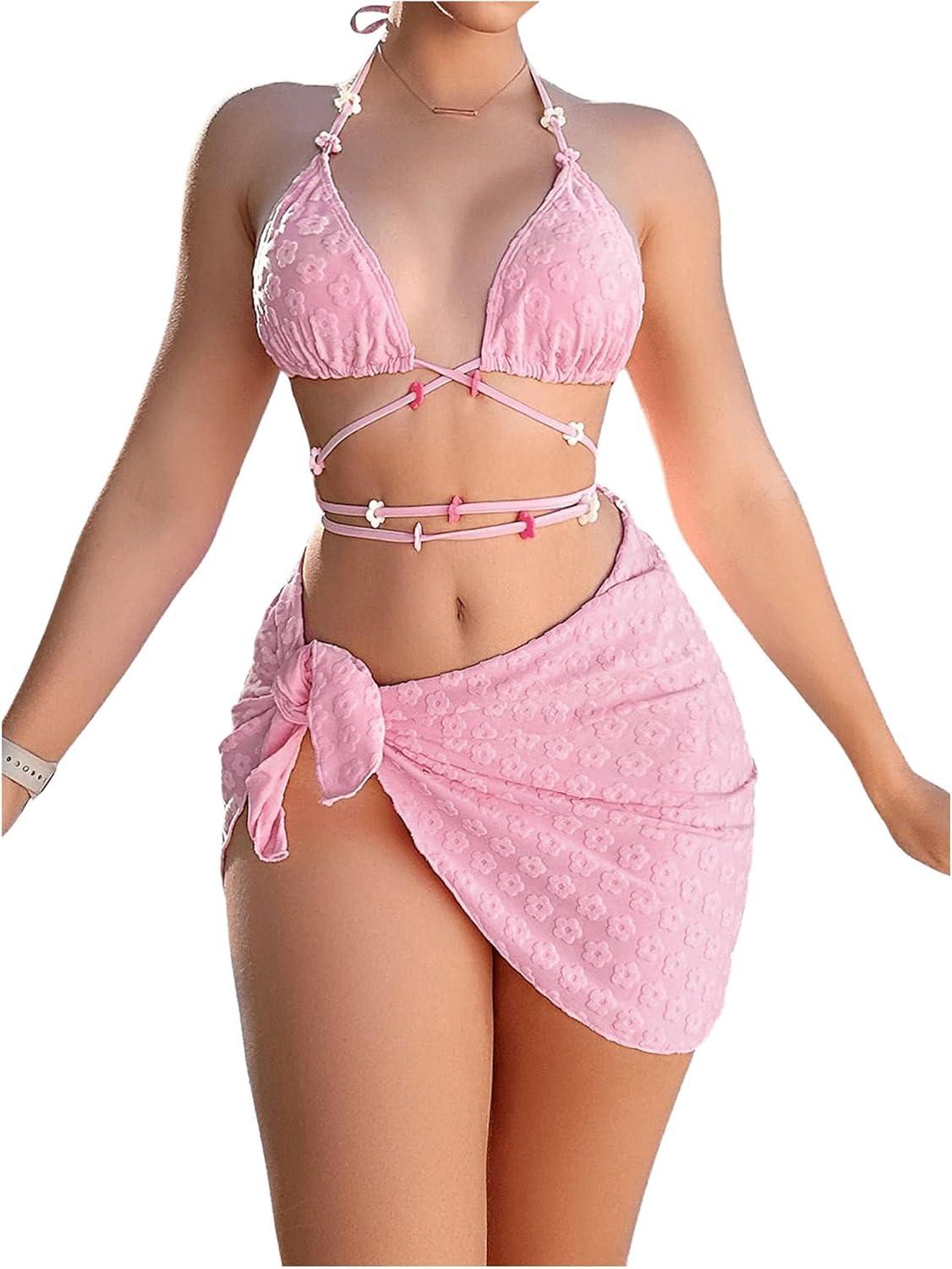 imageSHENHE Womens 3 Piece Swimsuit Halter Tie Side Cute Triangle Bikini Set with Beach SkirtLight Pink
