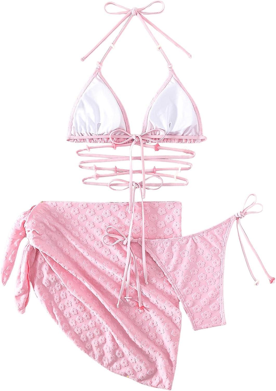 imageSHENHE Womens 3 Piece Swimsuit Halter Tie Side Cute Triangle Bikini Set with Beach SkirtLight Pink