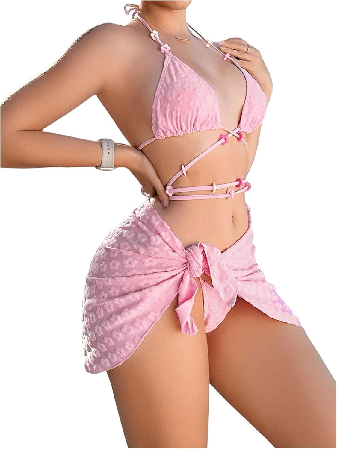 imageSHENHE Womens 3 Piece Swimsuit Halter Tie Side Cute Triangle Bikini Set with Beach SkirtLight Pink