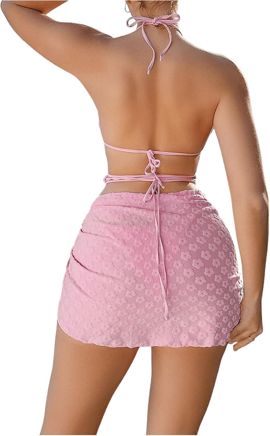 imageSHENHE Womens 3 Piece Swimsuit Halter Tie Side Cute Triangle Bikini Set with Beach SkirtLight Pink
