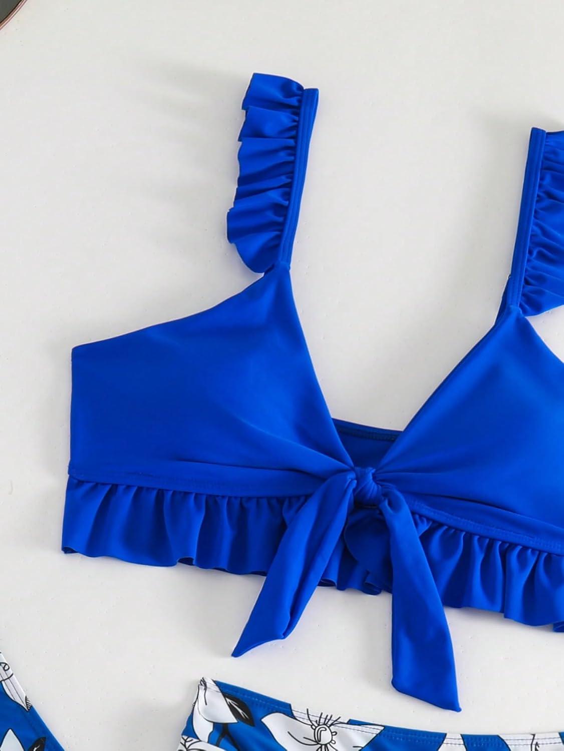 imageSHENHE Womens 3 Piece Swimsuit Knotted Ruffle High Cut Bikini Set with Cover Up SkirtBlue