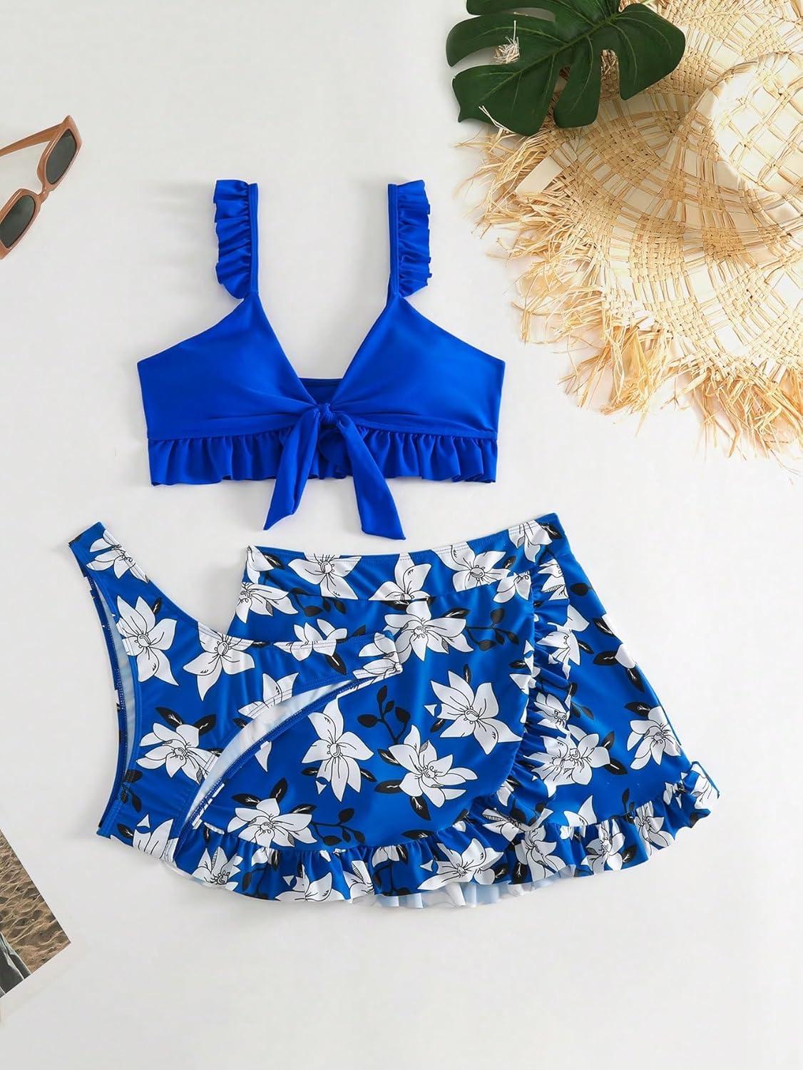 imageSHENHE Womens 3 Piece Swimsuit Knotted Ruffle High Cut Bikini Set with Cover Up SkirtBlue