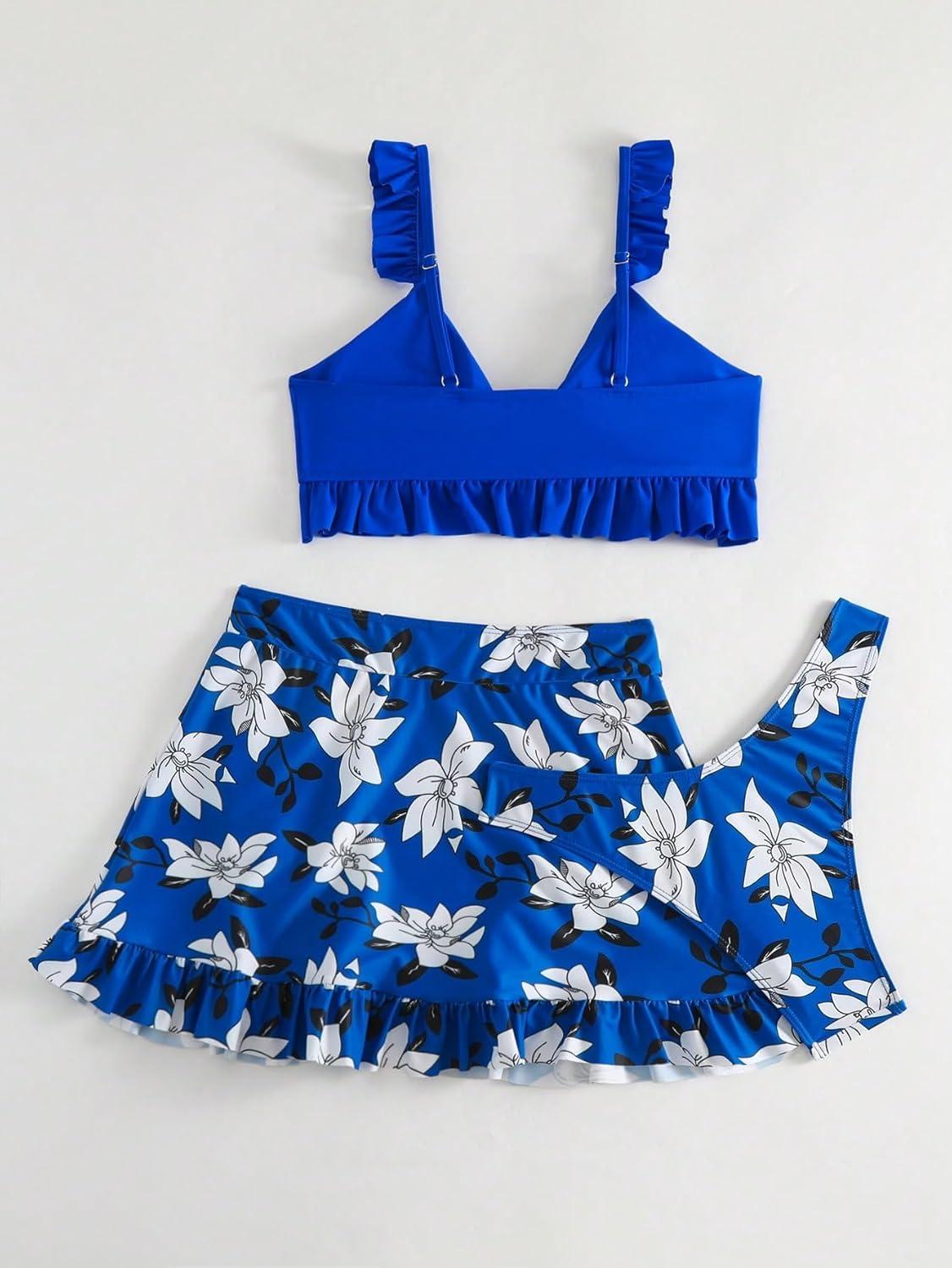 imageSHENHE Womens 3 Piece Swimsuit Knotted Ruffle High Cut Bikini Set with Cover Up SkirtBlue
