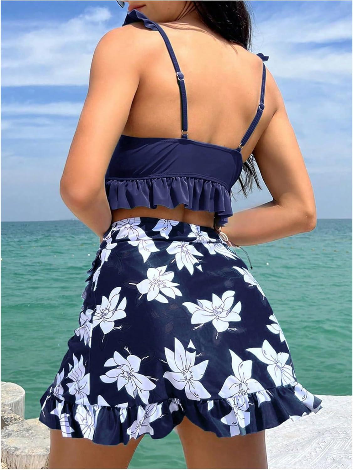 imageSHENHE Womens 3 Piece Swimsuit Knotted Ruffle High Cut Bikini Set with Cover Up SkirtDark Blue
